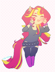 Size: 793x1034 | Tagged: safe, artist:milkrainn, sunset shimmer, human, anthro, equestria girls, g4, ambiguous facial structure, cute, ear piercing, eared humanization, eyes closed, female, humanized, peace sign, piercing, ponied up, pony ears, shimmerbetes, solo, spiked belt, spiked wristband, studded bracelet, wristband