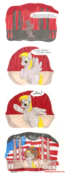 Size: 872x2285 | Tagged: safe, artist:foxxy-arts, derpy hooves, pegasus, pony, g4, american flag, comic, disneyland, female, flag, great moments with mr. lincoln, mare, muffin, national flag, solo, traditional art