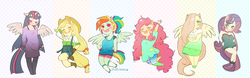 Size: 1500x468 | Tagged: dead source, safe, artist:milkrainn, applejack, fluttershy, pinkie pie, rainbow dash, rarity, twilight sparkle, anthro, g4, ambiguous facial structure, chibi, hair over one eye, mane six, simple background, twilight sparkle (alicorn)