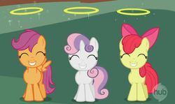 Size: 619x368 | Tagged: safe, screencap, apple bloom, scootaloo, sweetie belle, earth pony, pegasus, pony, unicorn, g4, season 1, stare master, cute, cutie mark crusaders, eyes closed, female, filly, foal, halo, pure unfiltered evil, smiling, trio, trio female