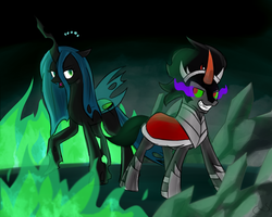 Size: 1000x800 | Tagged: safe, artist:xwreathofroses, king sombra, queen chrysalis, changeling, changeling queen, pony, unicorn, g4, crystal, female, fire