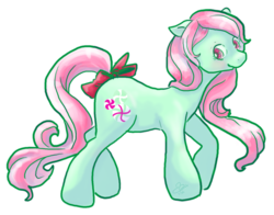 Size: 1268x992 | Tagged: safe, artist:cloverminto, minty, earth pony, pony, g3, g4, blushing, bow, female, floppy ears, g3 to g4, generation leap, get, index get, looking back, mare, outline, profile, simple background, smiling, solo, tail bow, transparent background