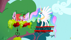 Size: 1366x768 | Tagged: safe, screencap, princess celestia, spike, feeling pinkie keen, g4