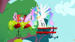 Size: 1366x768 | Tagged: safe, screencap, princess celestia, spike, feeling pinkie keen, g4, behaving like a dog, mouth hold, scroll