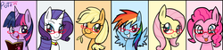 Size: 3600x800 | Tagged: safe, artist:potzm, applejack, fluttershy, pinkie pie, rainbow dash, rarity, twilight sparkle, alicorn, pony, g4, :p, :t, blushing, book, c:, cute, female, glasses, grin, looking at you, mane six, mare, portrait, smiling, smirk, tongue out, twilight sparkle (alicorn)