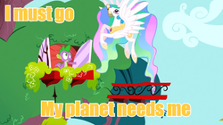 Size: 630x354 | Tagged: safe, princess celestia, spike, g4, i must go, image macro, male, meme, poochie, the simpsons, yellow text