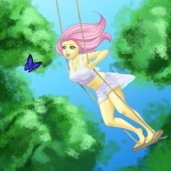 Size: 3000x3000 | Tagged: safe, artist:jay156, fluttershy, butterfly, human, g4, barefoot, beautiful, belly button, breasts, busty fluttershy, clothes, feet, female, high res, humanized, midriff, open mouth, pony coloring, redraw, skirt, smiling, solo, swing, tank top, toes