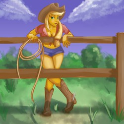 Size: 3072x3072 | Tagged: safe, artist:jay156, applejack, human, g4, belly button, cleavage, clothes, daisy dukes, female, front knot midriff, high res, humanized, midriff, pony coloring, rope, solo