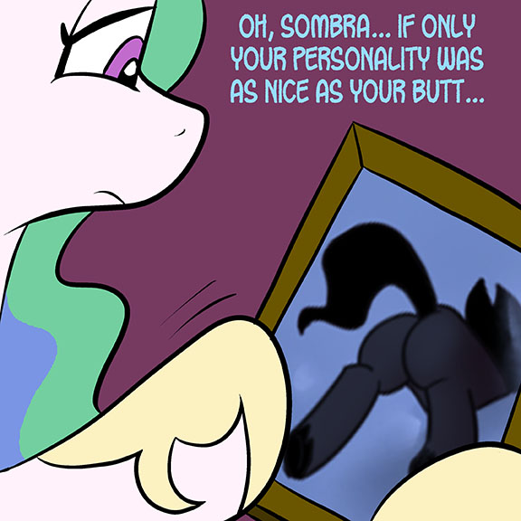 Size: 576x576 | Tagged: safe, artist:pembroke, artist:wiggles, king sombra, princess celestia, alicorn, pony, unicorn, ask king sombra, g4, butt, celestibra, eyes on the prize, featured image, female, frown, hoof shoes, looking at butt, male, mare, picture, plot, princess shoes, sad, shipping, sombutt, stallion, straight, stupid sexy sombra, tail