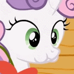 Size: 150x150 | Tagged: safe, screencap, sweetie belle, pony, unicorn, g4, one bad apple, :t, animated, aweeg*, cropped, cute, diasweetes, female, gif, puffy cheeks, smiling, solo