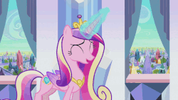 Size: 864x486 | Tagged: safe, screencap, king sombra, princess cadance, g4, the crystal empire, animated, bags under eyes, cloud, crystal, crystal castle, darkness, eyes closed, gritted teeth, laughing, magic, raised hoof, sigh, smiling, street, talking, tired, wince, window