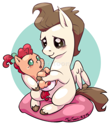Size: 801x900 | Tagged: safe, artist:taritoons, pound cake, oc, oc:fairy bread, earth pony, pegasus, pony, g4, baby, baby pony, cel shading, colt, cute, daaaaaaaaaaaw, foal, holding a pony, male, offspring, older, parent:cheese sandwich, parent:pinkie pie, parents:cheesepie, poundabetes, simple background, sitting, transparent background