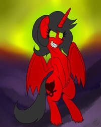 Size: 500x625 | Tagged: safe, artist:baronbulge, oc, oc only, oc:wicked heart, alicorn, demon, pony, alicorn oc, bipedal, sharp teeth, solo, teeth