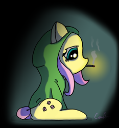 Size: 1583x1700 | Tagged: safe, artist:greenlyreproductions, fluttershy, pegasus, pony, g4, cigarette, clothes, female, hoodie, sitting, smoking, solo