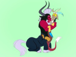 Size: 2048x1536 | Tagged: safe, artist:fiona brown, discord, lord tirek, g4, a better ending for tirek, evil smile, gay, hug, male, shipping, smiling, tirekcord