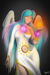 Size: 1000x1500 | Tagged: safe, artist:the1xeno1, princess celestia, human, g4, belly button, clothes, dress, female, humanized, light skin, navel cutout, solo