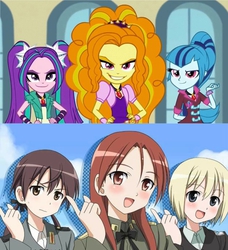 Size: 1275x1395 | Tagged: safe, adagio dazzle, aria blaze, sonata dusk, equestria girls, g4, my little pony equestria girls: rainbow rocks, comparison, erica hartmann, gertrud barkhorn, minna-dietlinde wilcke, strike witches, the dazzlings