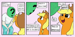 Size: 1276x643 | Tagged: safe, edit, applejack, oc, oc:anon, human, pony, g4, behaving like a dog, comic, cute, jackabetes, overanalyzing, parody, silly, silly pony, starry eyes, thought bubble, three panel soul, who's a silly pony