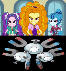 Size: 1275x1372 | Tagged: safe, adagio dazzle, aria blaze, sonata dusk, magneton, equestria girls, g4, my little pony equestria girls: rainbow rocks, comparison, pokémon, the dazzlings