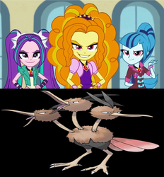 Size: 1275x1372 | Tagged: safe, adagio dazzle, aria blaze, sonata dusk, dodrio, equestria girls, g4, my little pony equestria girls: rainbow rocks, comparison, pokémon, the dazzlings