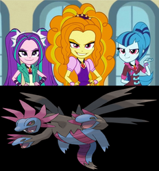 Size: 1275x1372 | Tagged: safe, adagio dazzle, aria blaze, sonata dusk, hydreigon, equestria girls, g4, my little pony equestria girls: rainbow rocks, pokémon, the dazzlings