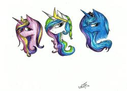 Size: 2176x1570 | Tagged: safe, artist:careness, princess cadance, princess celestia, princess luna, g4, portrait, traditional art