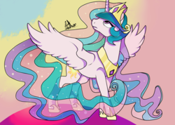 Size: 1024x731 | Tagged: safe, artist:sofilut, princess celestia, alicorn, pony, g4, female, looking up, solo, spread wings