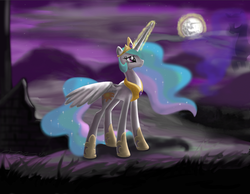 Size: 1275x991 | Tagged: safe, artist:marcylin1023, princess celestia, alicorn, pony, g4, crying, female, mare in the moon, moon, night, solo, spread wings