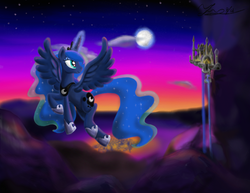 Size: 1389x1075 | Tagged: safe, artist:marcylin1023, princess luna, alicorn, pony, g4, canterlot, female, flying, magic, moon, moonrise, ponyville, solo