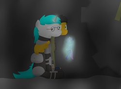 Size: 1280x949 | Tagged: safe, artist:minty candy, oc, oc only, oc:minty candy, oc:twintails, pegasus, pony, unicorn, fallout equestria, fallout equestria: occupational hazards, armor, clothes, door, magic, plushie, stable 76, story, telekinesis