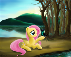 Size: 1319x1059 | Tagged: safe, artist:marcylin1023, fluttershy, butterfly, pegasus, pony, g4, dawn, female, lying down, prone, solo, sun, tree, water