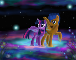 Size: 1341x1063 | Tagged: safe, artist:marcylin1023, flash sentry, twilight sparkle, alicorn, firefly (insect), pegasus, pony, g4, female, male, mare, night, raised hoof, scenery, ship:flashlight, shipping, spread wings, straight, twilight sparkle (alicorn)