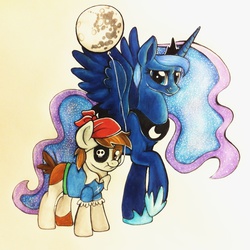 Size: 1024x1024 | Tagged: safe, artist:thedumbestdeers, pipsqueak, princess luna, alicorn, earth pony, g4, balloon, colt, duo, eyepatch, female, foal, male, male and female, mare, mare in the moon, moon, mouth hold, pirate costume, spread wings, traditional art