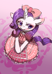 Size: 1280x1810 | Tagged: safe, artist:yajima, rarity, unicorn, semi-anthro, g4, arm hooves, bow, clothes, country lolita, dress, female, lolita fashion, mare, solo, sweet lolita