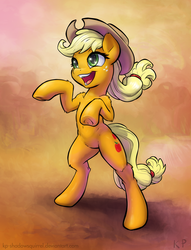 Size: 975x1275 | Tagged: safe, artist:kp-shadowsquirrel, part of a set, applejack, earth pony, pony, g4, applejack's hat, bipedal, cowboy hat, cute, female, fluffy, freckles, hat, jackabetes, mare, open mouth, open smile, rearing, smiling, solo, underhoof
