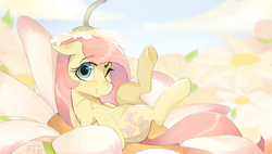 Size: 1902x1080 | Tagged: safe, artist:8bitamy, fluttershy, g4, bright, female, floppy ears, flower, looking at you, lying down, on back, solo, wink