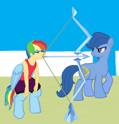 Size: 1346x1406 | Tagged: safe, artist:oneovertwo, archer (character), scootablue, oc, oc:icarus, satyr, g4, archery, arrow, bow (weapon), bow and arrow, offspring, parent:rainbow dash, weapon