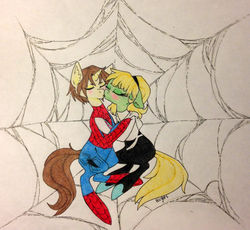 Size: 1102x1015 | Tagged: safe, artist:ameliacostanza, earth pony, pony, unicorn, spiders and magic: rise of spider-mane, crossover, cute, female, gwen stacy, kissing, love, male, marvel, non-mlp shipping, peter parker, ponified, romance, shipping, spider web, spider-gwen, spider-man, straight, traditional art