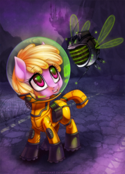 Size: 718x1000 | Tagged: safe, artist:limreiart, oc, oc only, oc:puppysmiles, oc:watcher, earth pony, pony, fallout equestria, fallout equestria: pink eyes, augmented reality interface, canterlot, canterlot ghoul, environmental suit, fanfic, fanfic art, female, filly, foal, hazmat suit, heads up display, helmet, highway, hooves, night, open mouth, pink cloud (fo:e), radiation suit, route 52, saddle bag, spritebot, teeth, wasteland