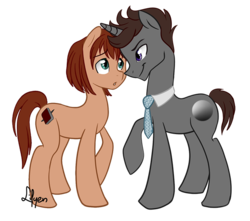 Size: 700x618 | Tagged: safe, artist:lifyen, earth pony, pony, unicorn, :o, anastasia steele, christian grey, couple, crossover, duo, eye contact, fifty shades of grey, necktie, ponified, raised hoof, simple background, smiling, transparent background