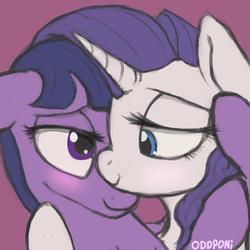 Size: 3000x3000 | Tagged: safe, artist:aenbrdraws, rarity, twilight sparkle, pony, unicorn, g4, bedroom eyes, blushing, cuddling, eye contact, female, floppy ears, high res, hug, lesbian, lidded eyes, looking at each other, mare, pink background, ship:rarilight, shipping, simple background, smiling, snuggling