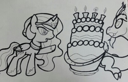 Size: 1019x653 | Tagged: safe, artist:patterndream, princess celestia, g4, boom, cake, female, look out, solo