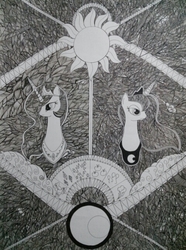 Size: 480x645 | Tagged: safe, artist:patterndream, princess celestia, princess luna, g4, monochrome, pattern, zentangle