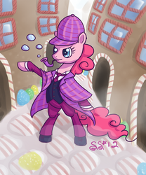Size: 1000x1200 | Tagged: safe, artist:alipes, pinkie pie, earth pony, pony, g4, bipedal, bubble pipe, clothes, deerstalker, detective, female, hat, pipe, sherlock holmes, sherlock pie, solo