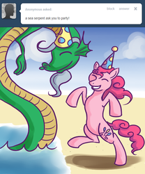 Size: 500x600 | Tagged: safe, artist:alipes, pinkie pie, sea serpent, ask pinkie pierate, g4, ask, eyes closed, hat, party hat, tumblr
