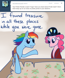 Size: 1000x1200 | Tagged: safe, artist:alipes, pinkie pie, rainbow dash, pony, ask pinkie pierate, g4, ask, bipedal, clothes, eyepatch, hat, map, pirate, sword, tumblr, weapon