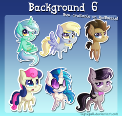 Size: 1600x1518 | Tagged: safe, artist:drawntildawn, bon bon, derpy hooves, dj pon-3, doctor whooves, lyra heartstrings, octavia melody, sweetie drops, time turner, vinyl scratch, earth pony, pegasus, pony, unicorn, g4, background six, chibi, female, male, mare, stallion