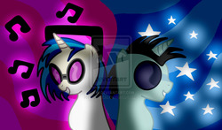 Size: 1024x602 | Tagged: dead source, safe, artist:lightzgc, dj pon-3, neon lights, rising star, vinyl scratch, g4, deviantart watermark, female, male, obtrusive watermark, ship:vinylights, shipping, straight, watermark