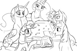 Size: 1280x853 | Tagged: safe, artist:silfoe, princess cadance, princess celestia, princess luna, shining armor, spike, twilight sparkle, alicorn, pony, royal sketchbook, g4, alicorn tetrarchy, female, grayscale, mare, monochrome, ogres and oubliettes, sketch, tabletop game, twilight sparkle (alicorn)