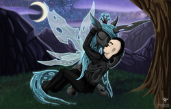 Size: 2500x1597 | Tagged: safe, artist:starbat, queen chrysalis, oc, changeling, changeling queen, human, g4, canon x oc, eyes closed, female, interspecies, kiss on the lips, kissing, male, moon, night, shipping, straight